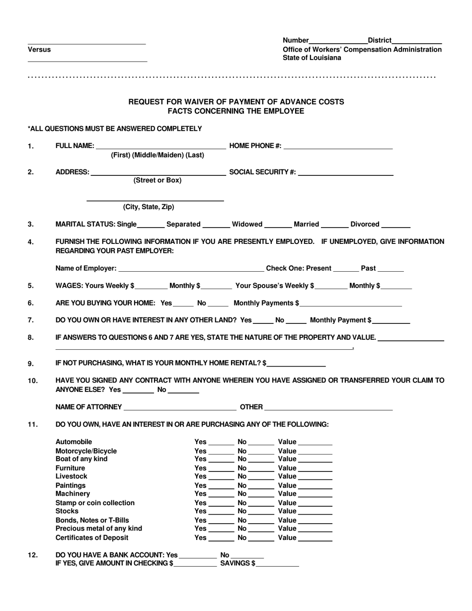 Request for Waiver of Payment of Advance Costs Facts Concerning the Employee - Louisiana, Page 1