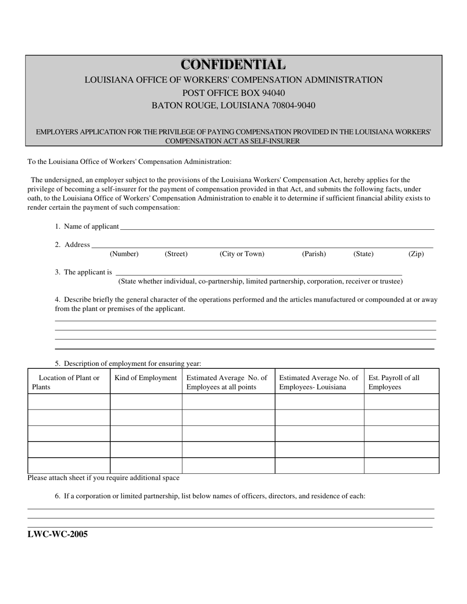 Form LWC-WC-2005 Employers Application for the Privilege of Paying Compensation Provided in the Louisiana Workers' Compensation Act as Self-insurer - Louisiana, Page 1