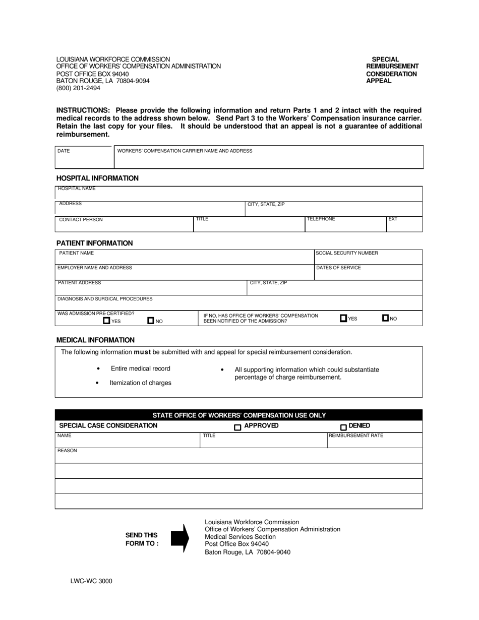 Form LWC-WC3000 Special Reimbursement Consideration Appeal - Louisiana, Page 1