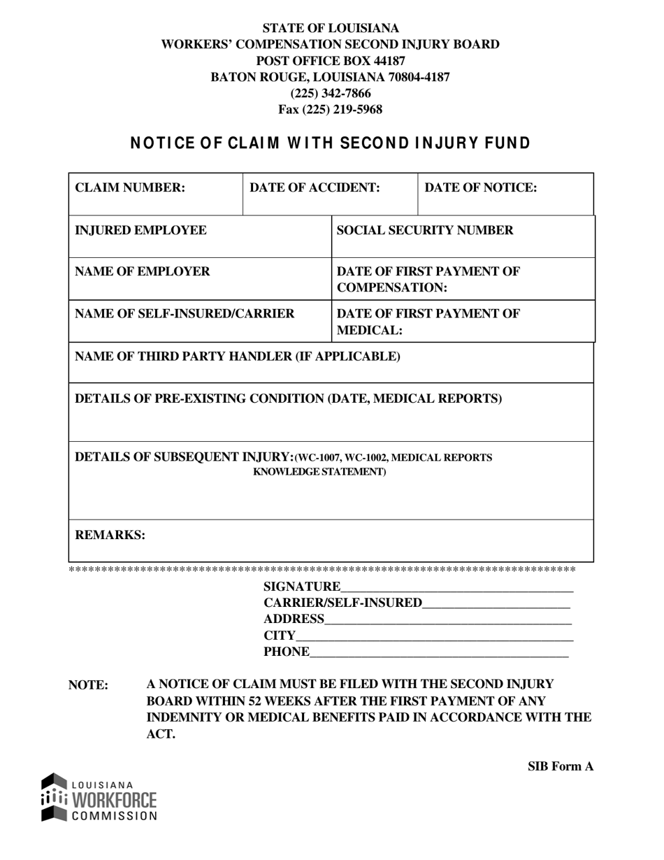SIB Form A Notice of Claim With Second Injury Fund - Louisiana, Page 1