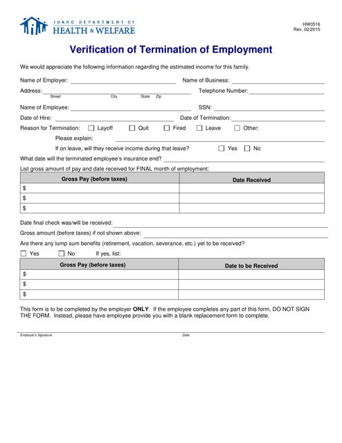 Form HW0516 Verification of Termination of Employment - Idaho