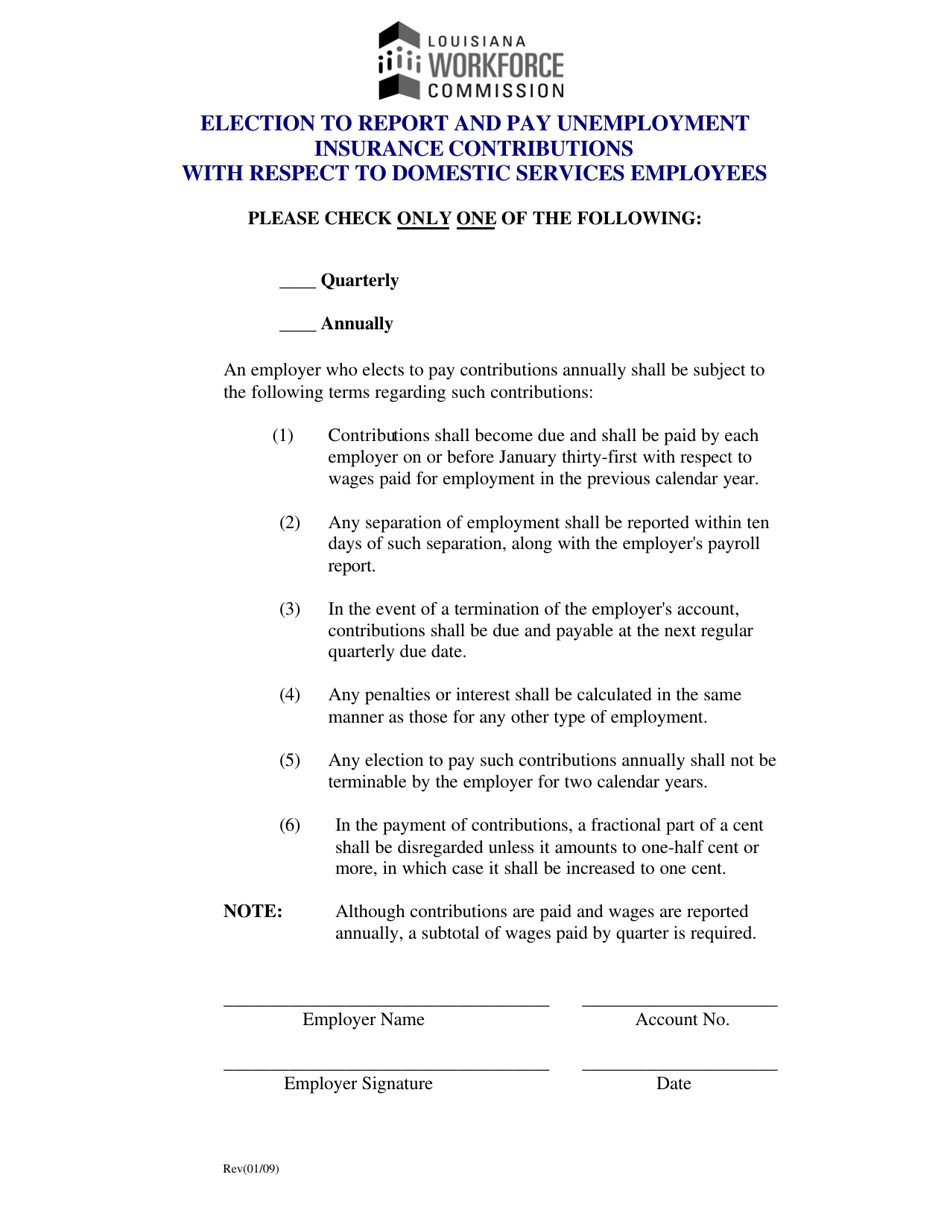 Election to Report and Pay Unemployment Insurance Contributions With Respect to Domestic Services Employees - Louisiana, Page 1