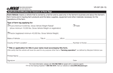 Document preview: Form VR-097 Application/Certification for Issuance of Farm Tags - Maryland