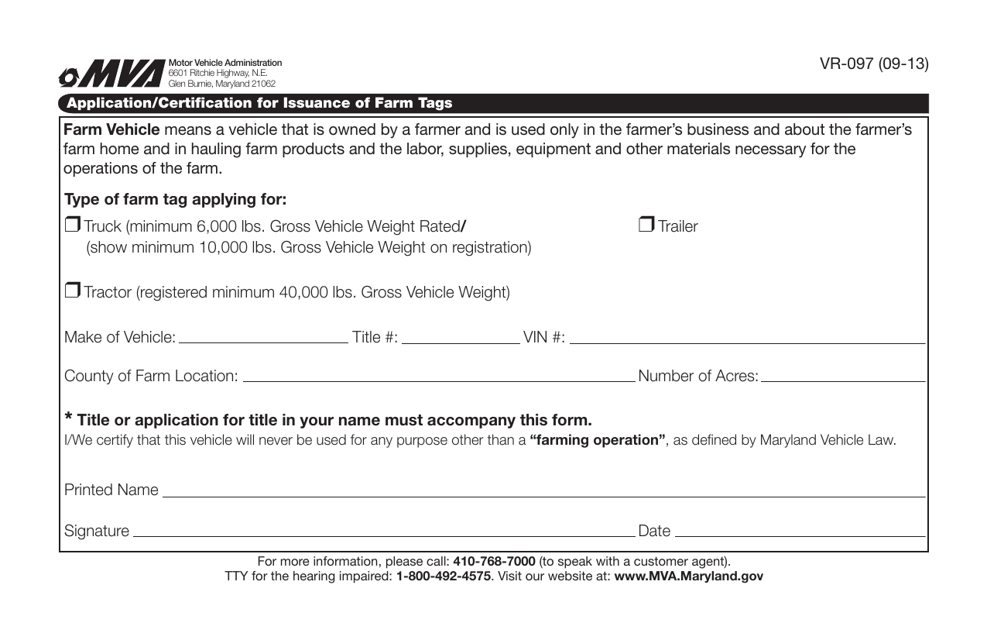 Form VR-097 Application/Certification for Issuance of Farm Tags - Maryland