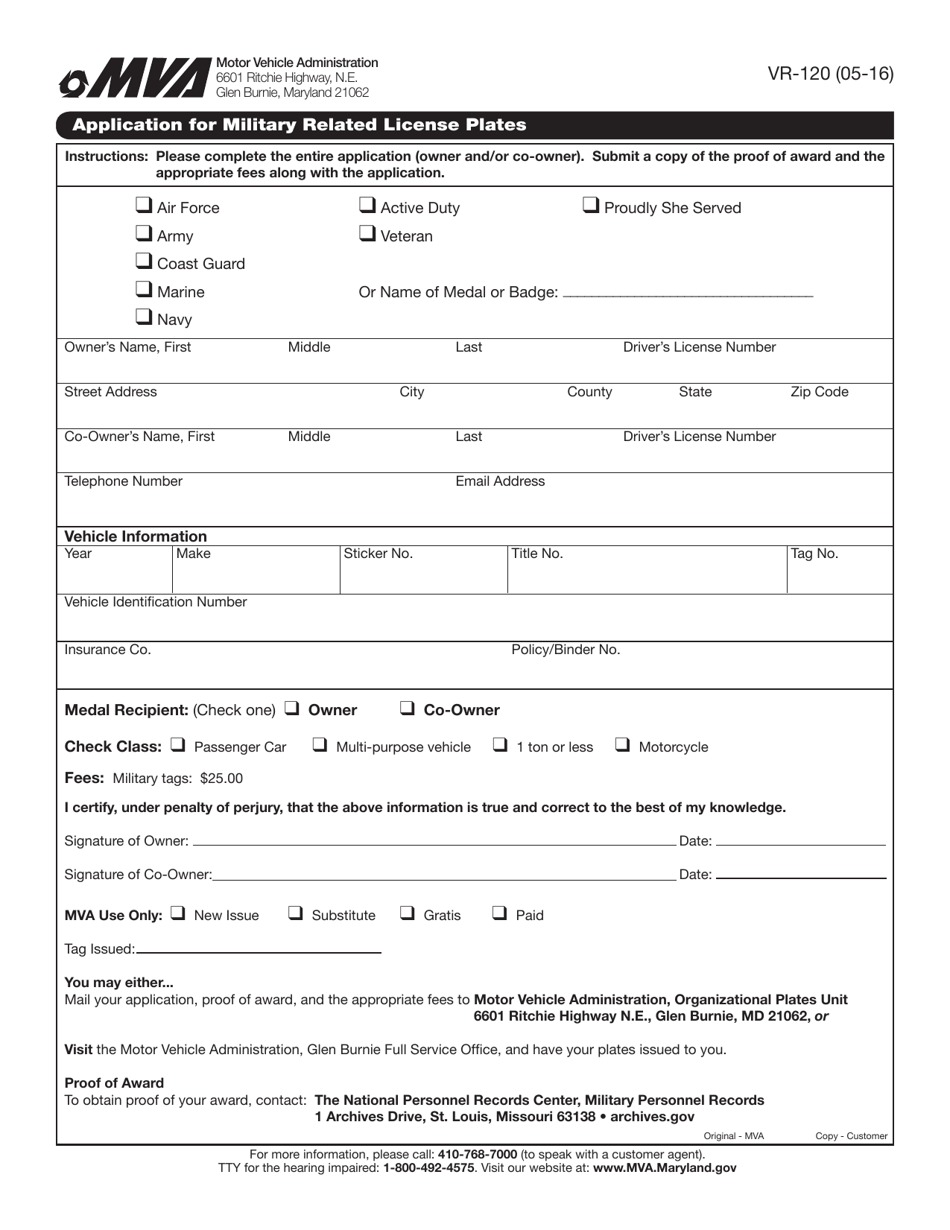 Form VR-120 Application for Military Related License Plates - Maryland, Page 1