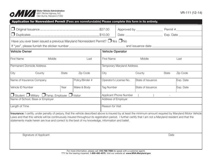 Form VR111 Fill Out, Sign Online and Download Fillable PDF, Maryland