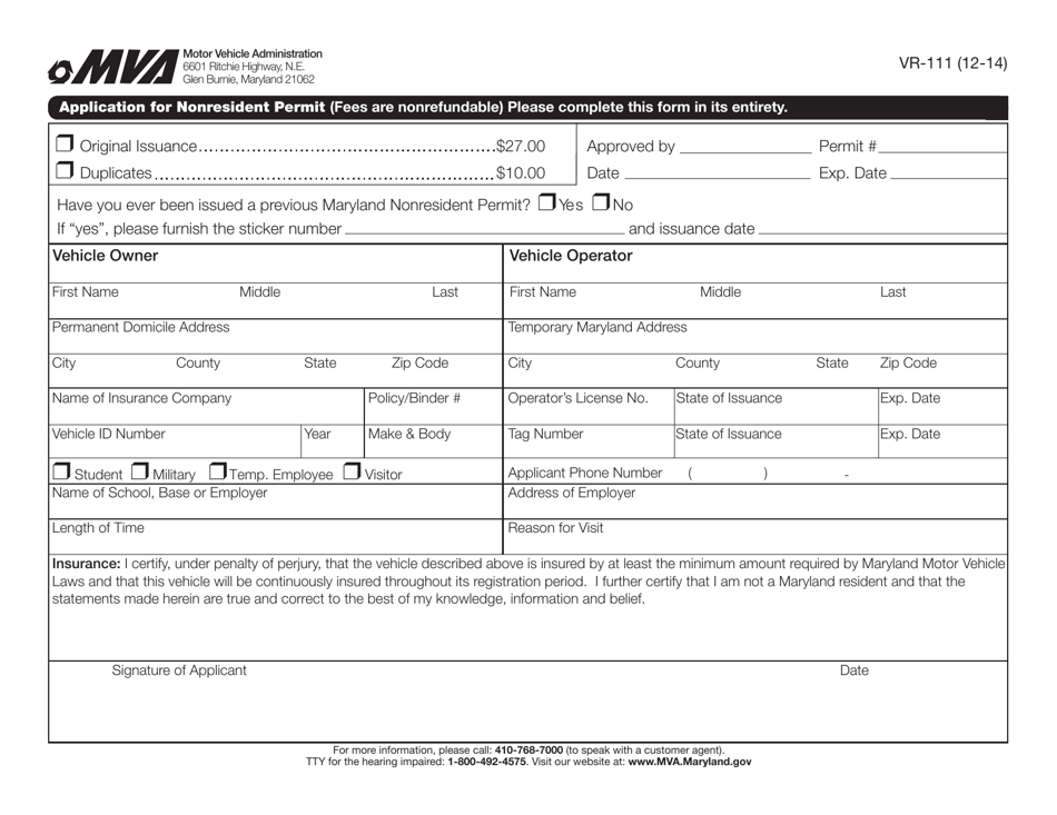 Form VR-111 Application for Nonresident Permit - Maryland, Page 1