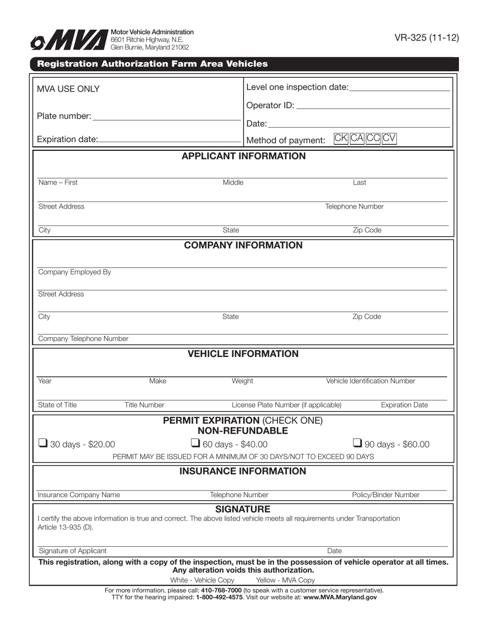 Form VR-325 Registration Authorization Farm Area Vehicles - Maryland, Page 1
