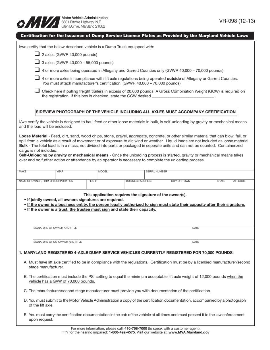 Form VR-098 Certification for the Issuance of Dump Service License Plates as Provided by the Maryland Vehicle Laws - Maryland, Page 1