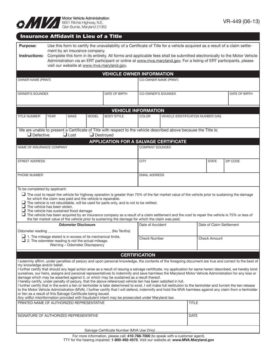 Form VR-449 Insurance Affidavit in Lieu of a Title - Maryland, Page 1