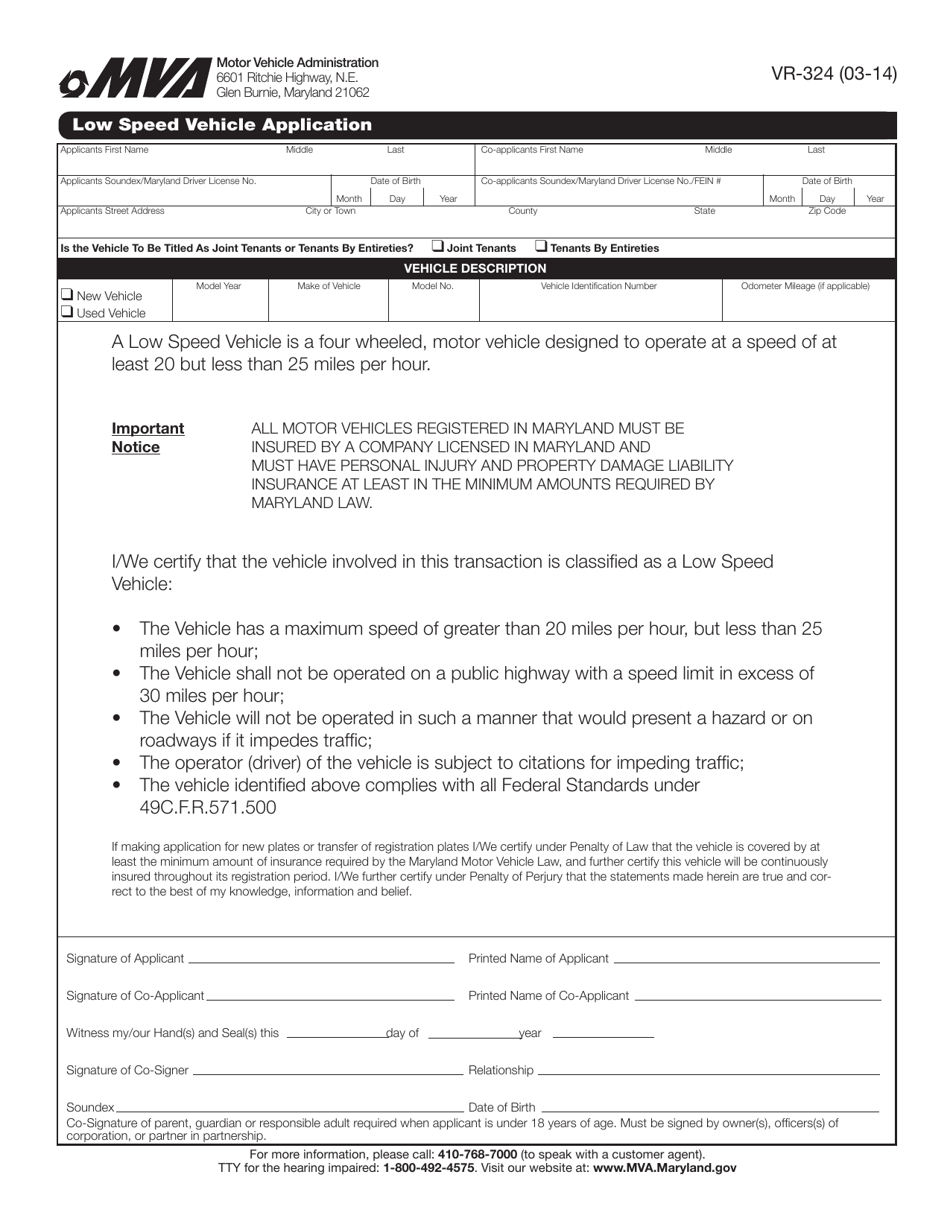 Form VR-324 Low Speed Vehicle Application - Maryland, Page 1