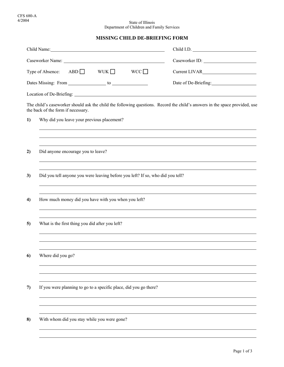 Form CFS680-A Missing Child De-briefing Form - Illinois, Page 1