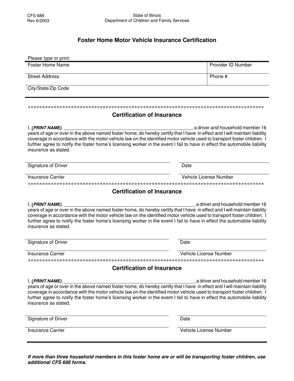 Form CFS688 Foster Home Motor Vehicle Insurance Certification - Illinois, Page 1