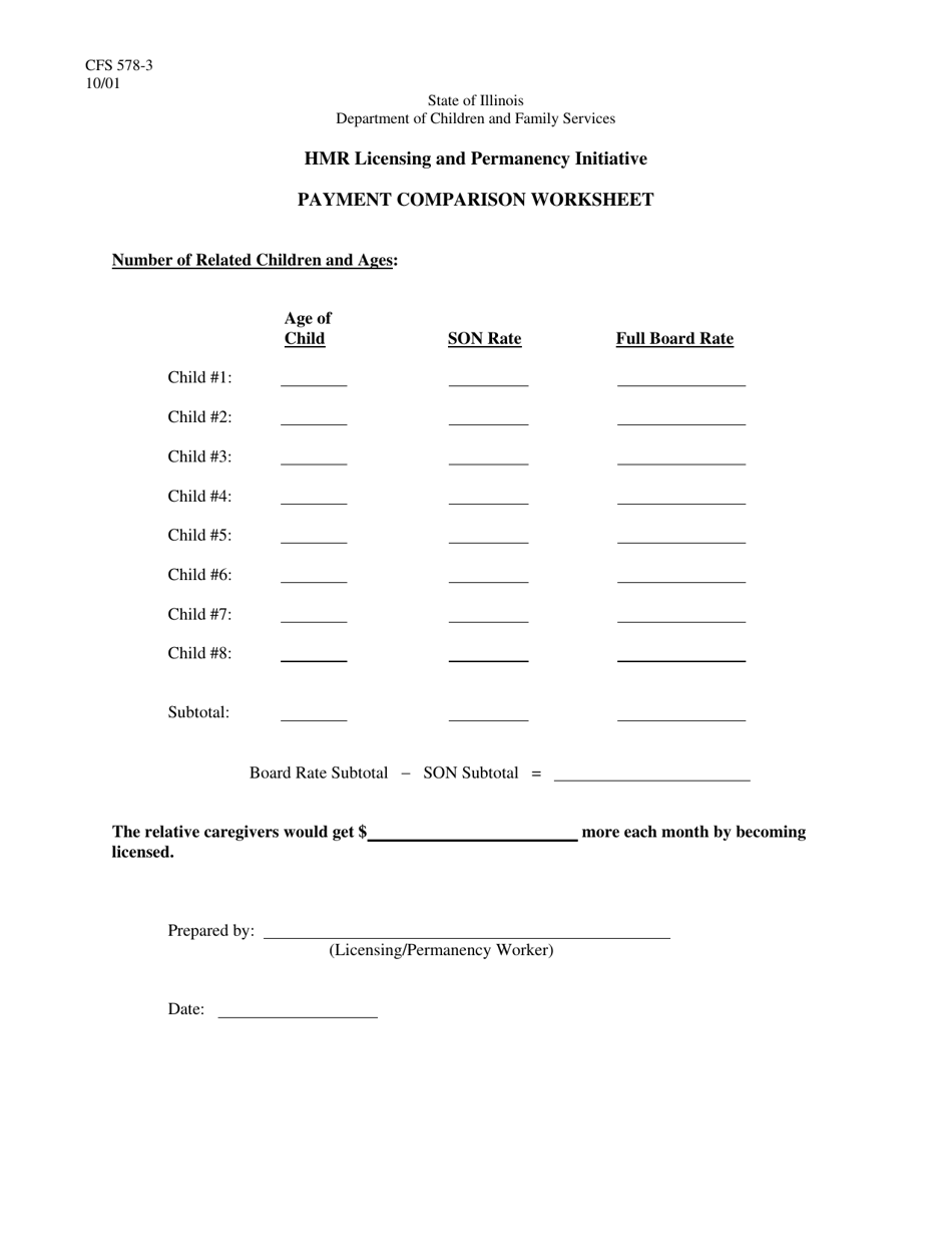 Form CFS578-3 Hmr Licensing and Permanency Initiative Payment Comparison Worksheet - Illinois, Page 1