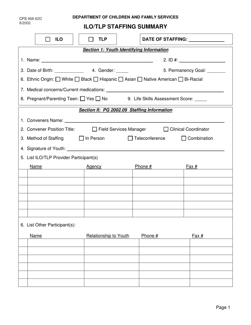 Form CFS968-62D Ilo / Tlp Staffing Summary - Illinois, Page 1