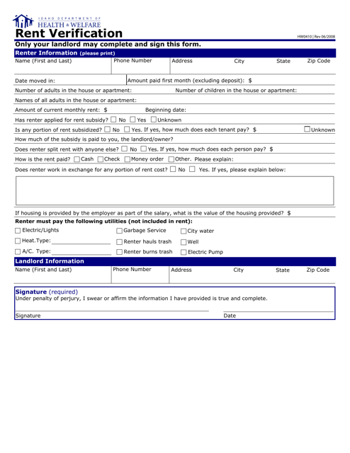 Form HW0410 Rent Verification - Idaho