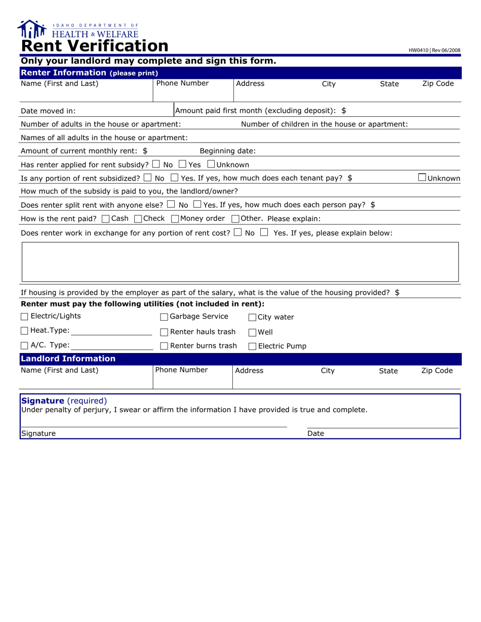 Form HW0410 Rent Verification - Idaho, Page 1