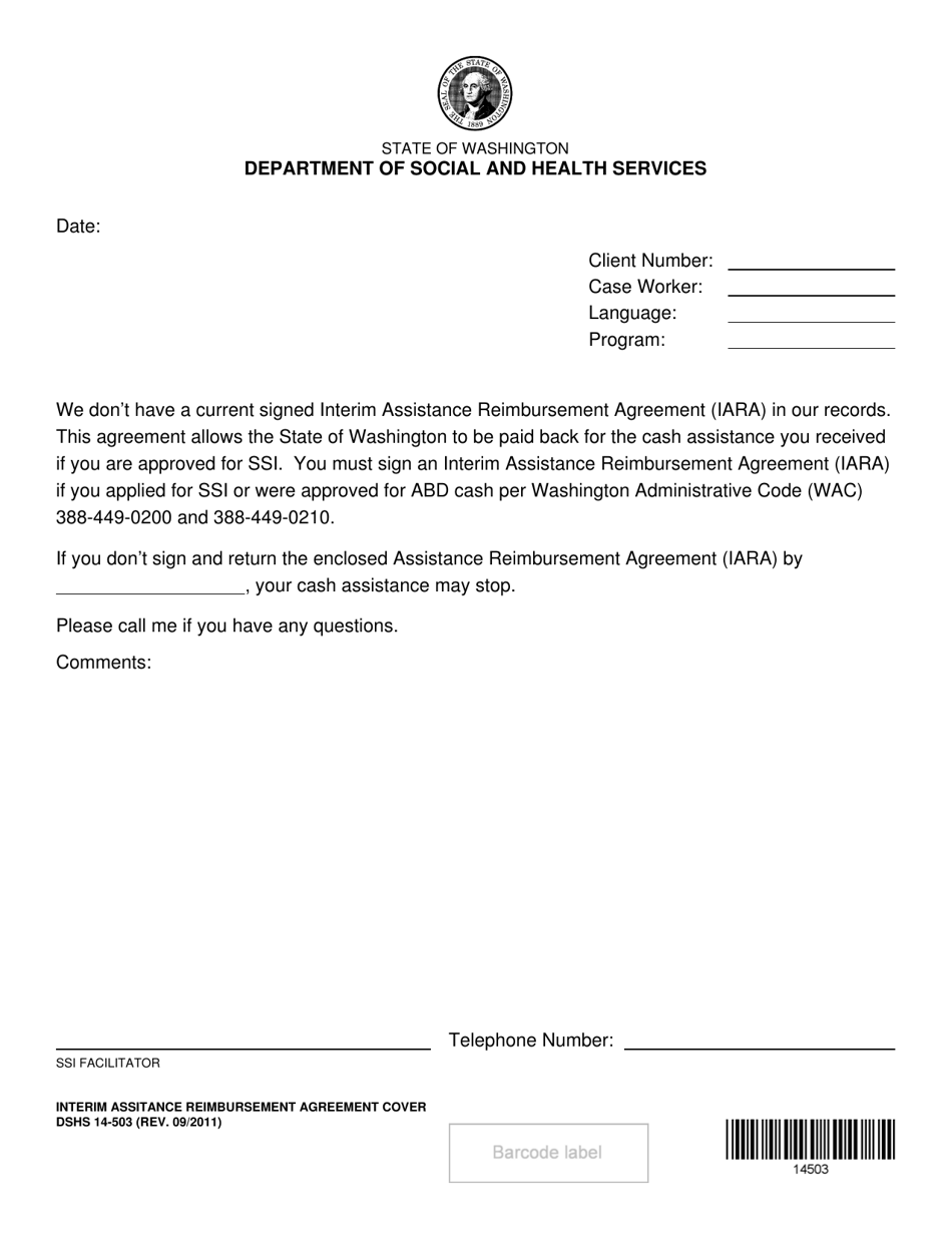 DSHS Form 14-503 Interim Assitance Reimbursement Agreement Cover - Washington, Page 1