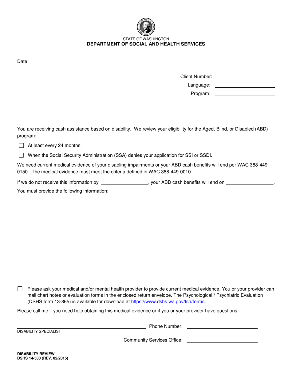 DSHS Form 14-530 Disability Review - Washington, Page 1