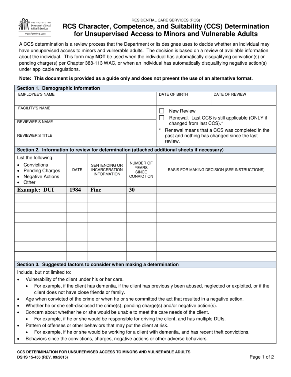 DSHS Form 15-456 Rcs Character, Competence, and Suitability (Ccs) Determination for Unsupervised Access to Minors and Vulnerable Adults - Washington, Page 1