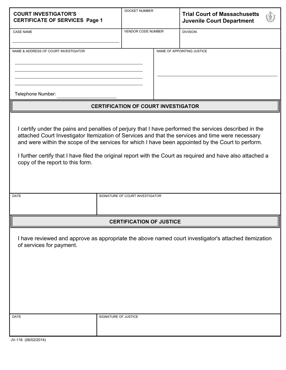 Form JV-116 Court Investigators Certificate of Services - Massachusetts, Page 1