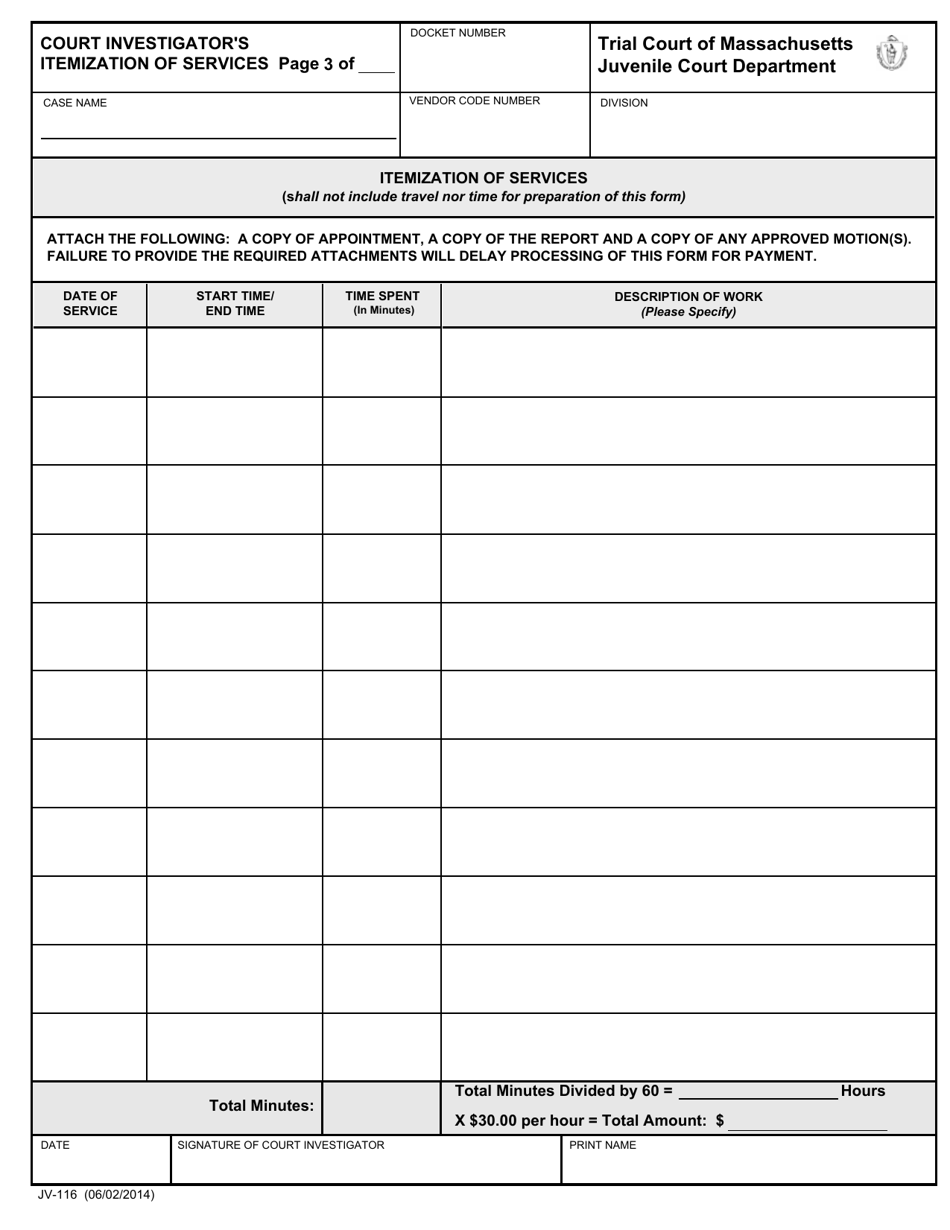 Form JV-116 Court Investigators Certificate of Services - Massachusetts, Page 3
