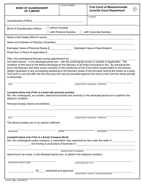 Form JV-071 Bond of Guardianship of a Minor - Massachusetts