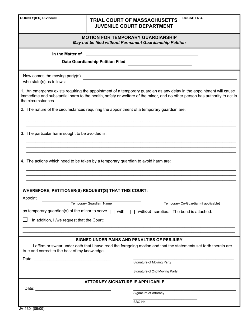 Form JV-130 Motion for Temporary Guardianship - Massachusetts, Page 1