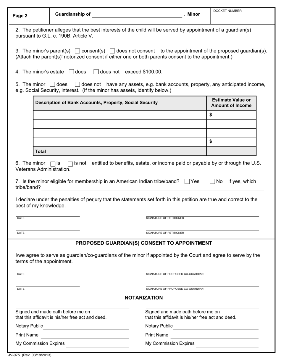 Form JV-075 Petition for Appointment of Guardian of a Minor - Massachusetts, Page 2