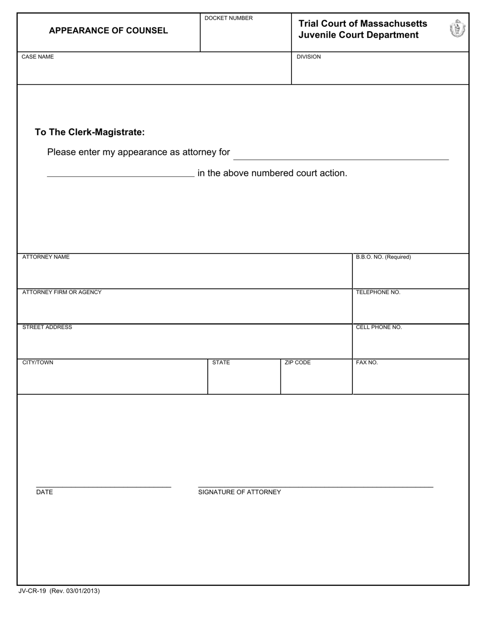 Form JV-CR-19 Appearance of Counsel - Massachusetts, Page 1