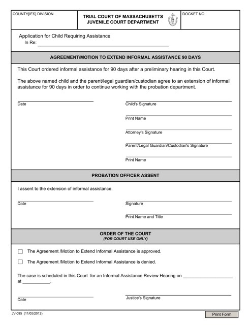 Form JV-095 Agreement/Motion to Extend Informal Assistance 90 Days - Massachusetts