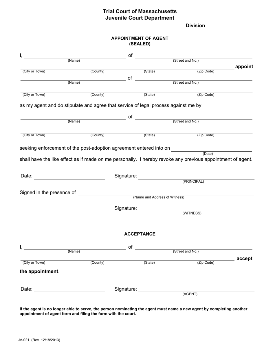 Form JV-021 Appointment of Agent (Sealed) - Massachusetts, Page 1