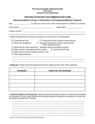 Form JV-DCF-1 Treating Physician's Recommendation Form - Massachusetts