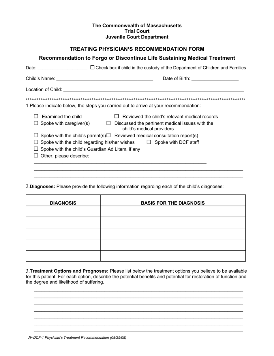 Form JV-DCF-1 Treating Physicians Recommendation Form - Massachusetts, Page 1