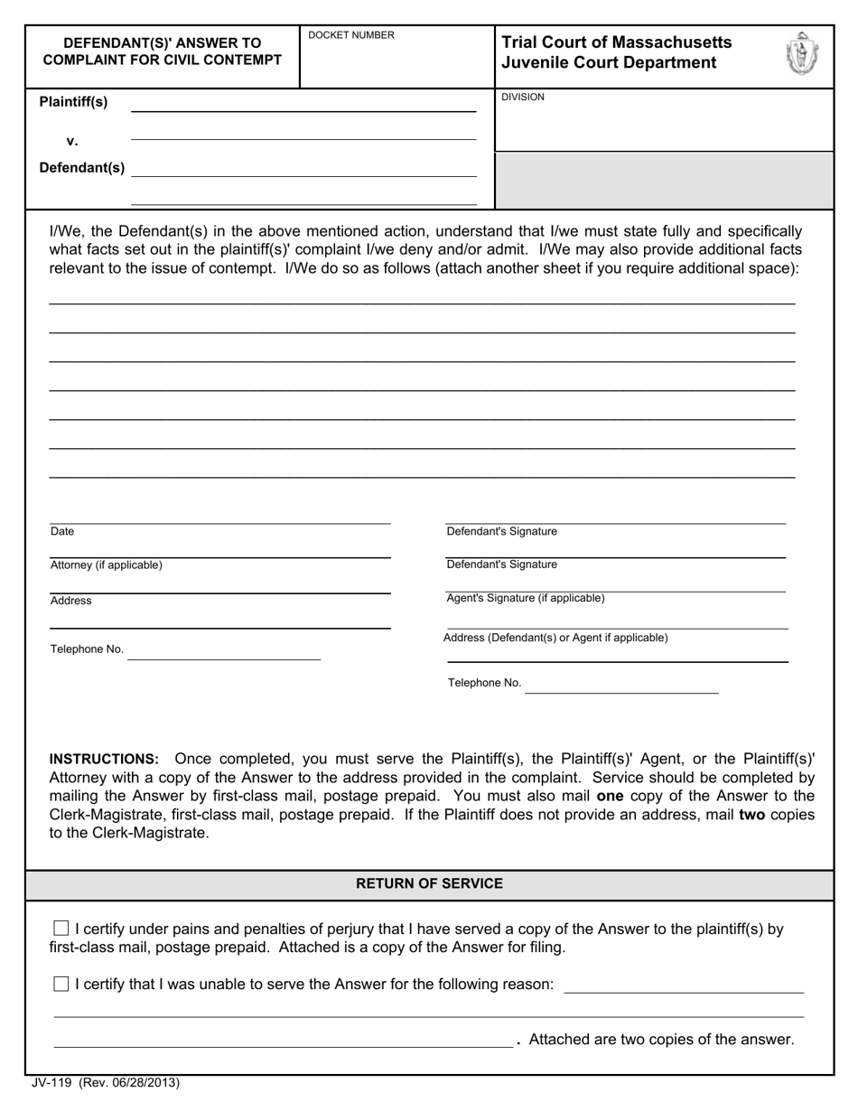 Form JV-119 Defendant(S)' Answer to Complaint for Civil Contempt - Massachusetts, Page 1