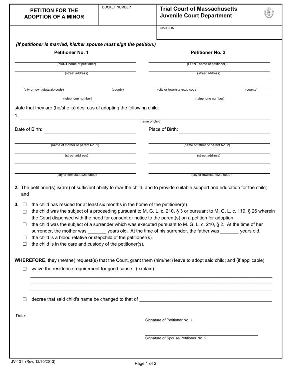 Form JV-131 Petition for the Adoption of a Minor - Massachusetts, Page 1