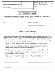 Document preview: Form JV-120 Waiver of Jury Trial/ Defense Counsel's Certificate - Massachusetts