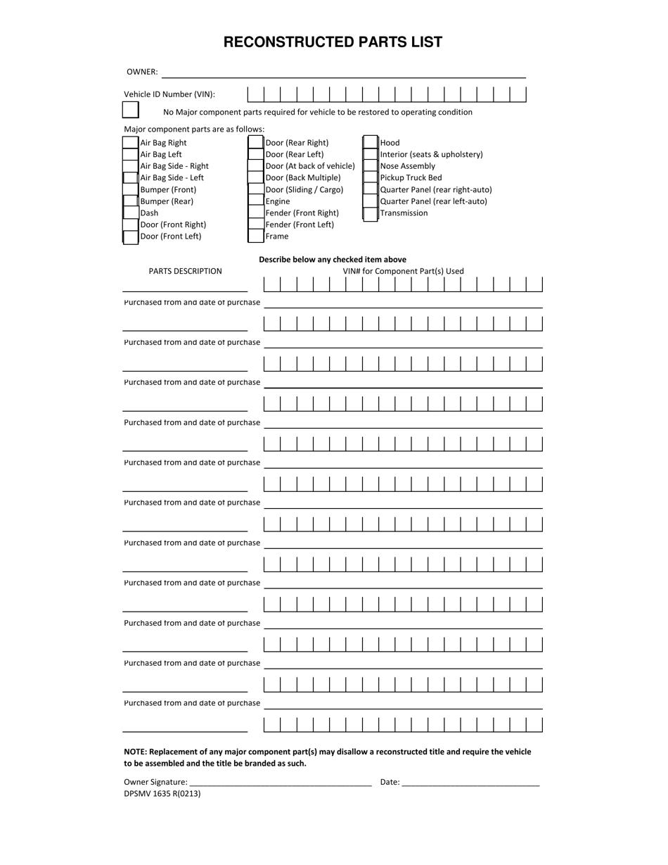 Form DPSMV1635 Reconstructed Parts List - Louisiana, Page 1