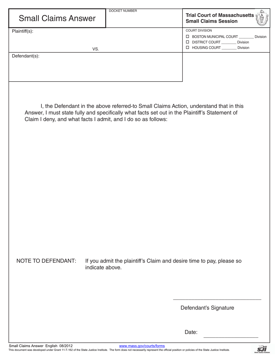 Small Claims Answer - Massachusetts, Page 1
