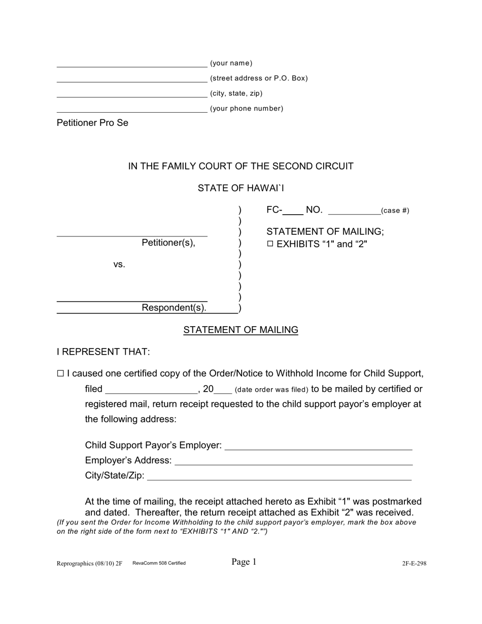 Form 2F-E-298 Statement of Mailing - Hawaii, Page 1