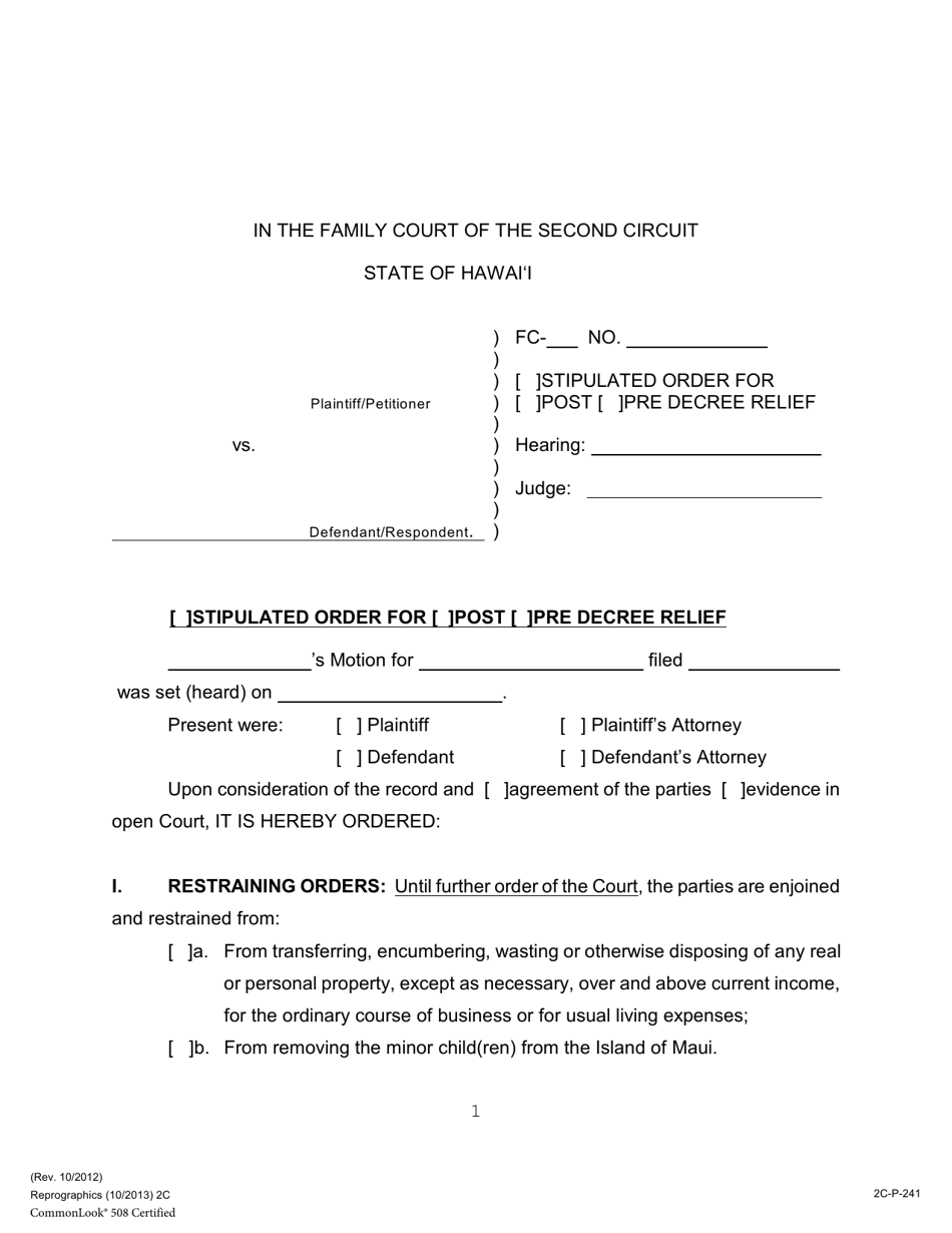 Form 2C-P-241 Stipulated Order for Post / Pre Decree Relief - Hawaii, Page 1