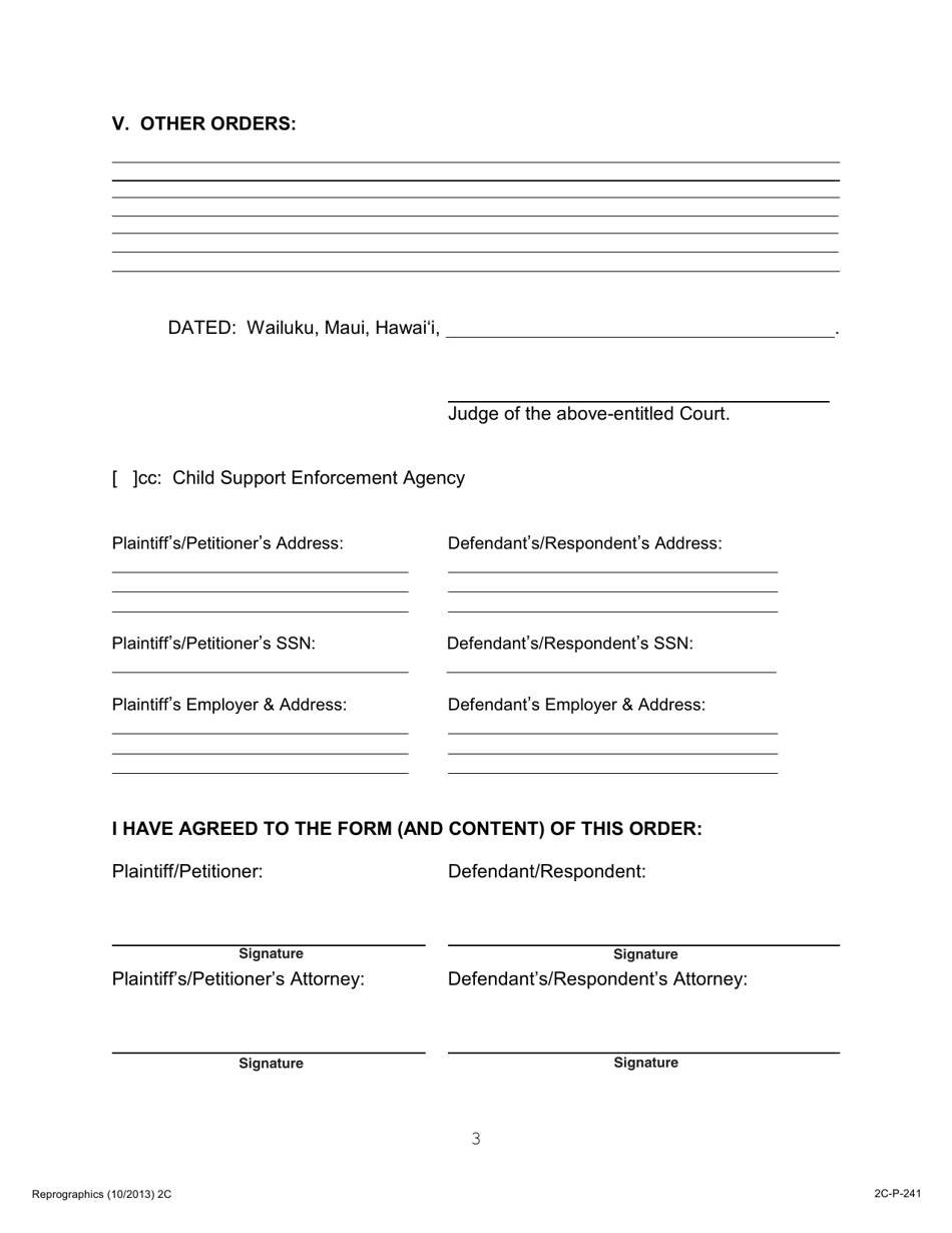 Form 2C-P-241 Stipulated Order for Post / Pre Decree Relief - Hawaii, Page 3