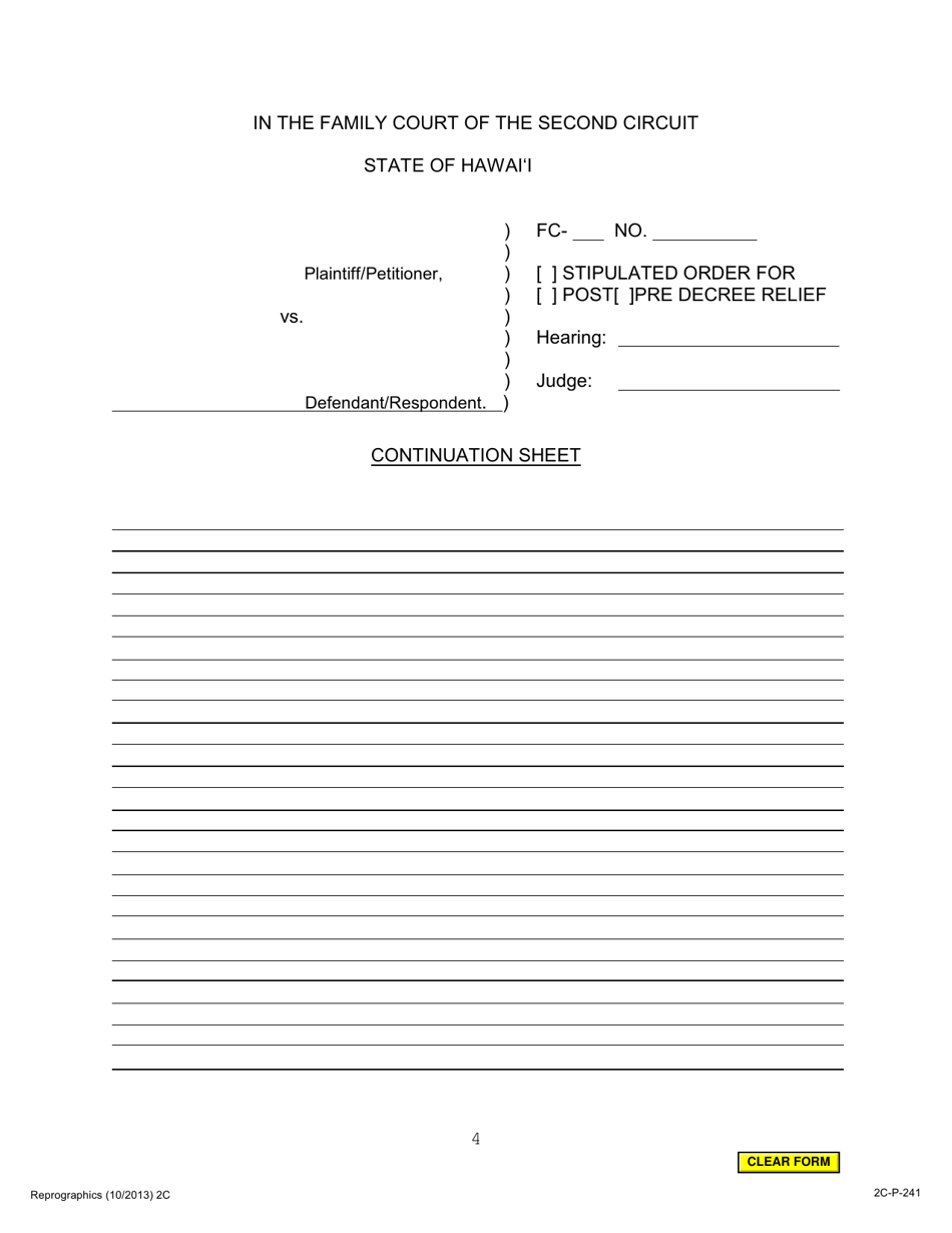 Form 2C-P-241 Stipulated Order for Post / Pre Decree Relief - Hawaii, Page 4