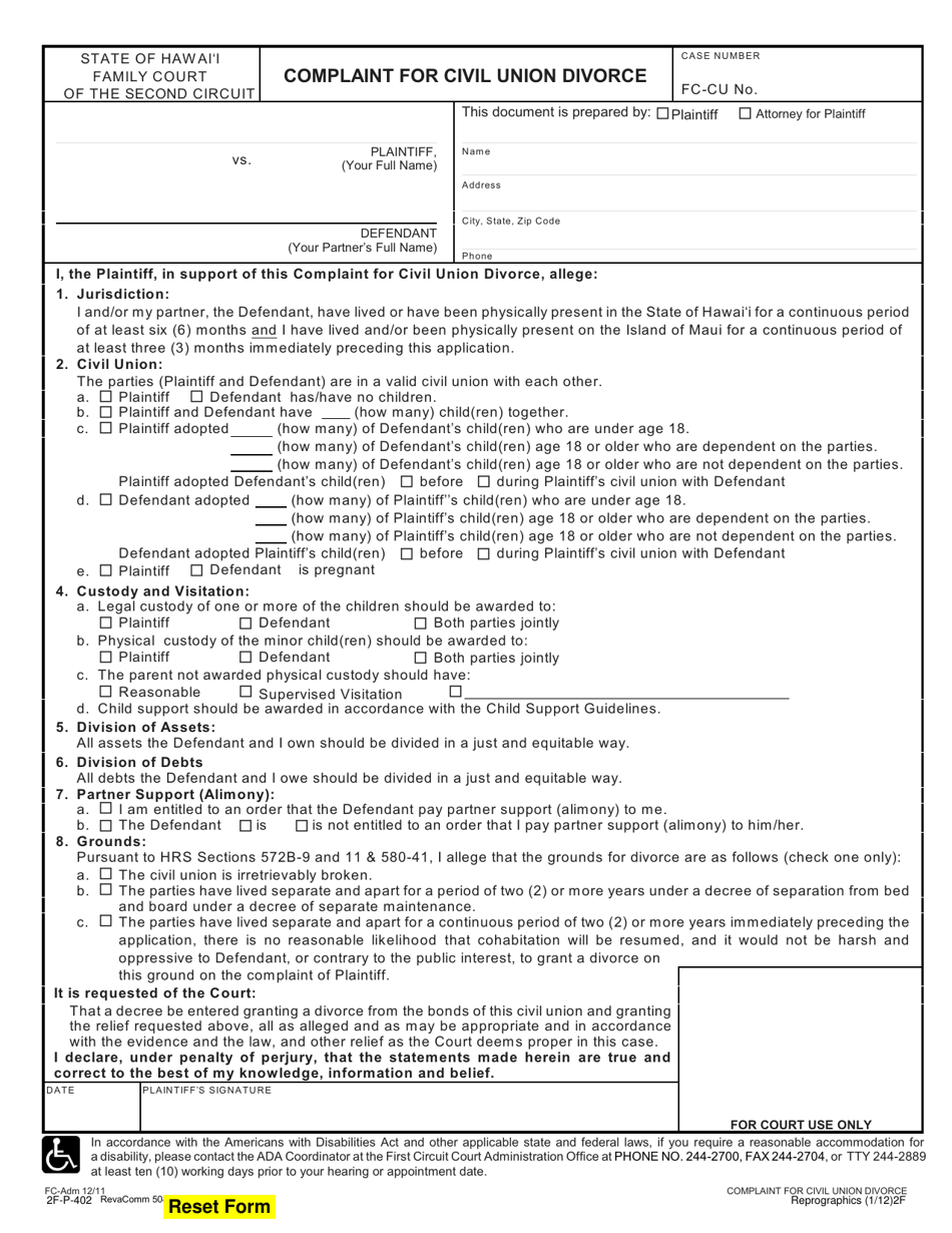 Form 2F-P-402 Complaint for Civil Union Divorce - Hawaii, Page 1
