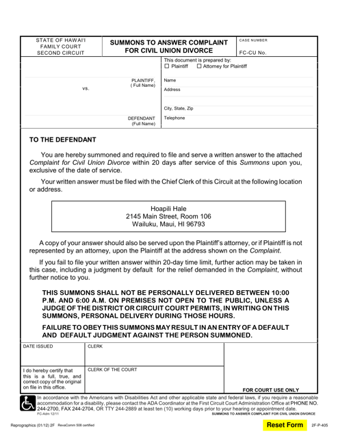 Form 2F-P-405 Summons to Answer Complaint for Civil Union Divorce - Hawaii