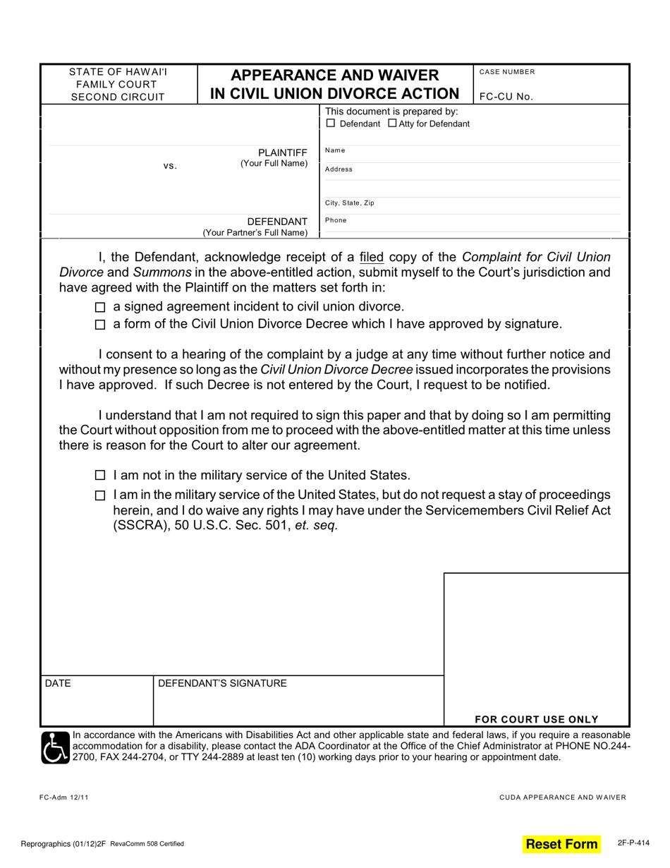 Form 2F-P-414 Appearance and Waiver in Civil Union Divorce Action - Hawaii, Page 1