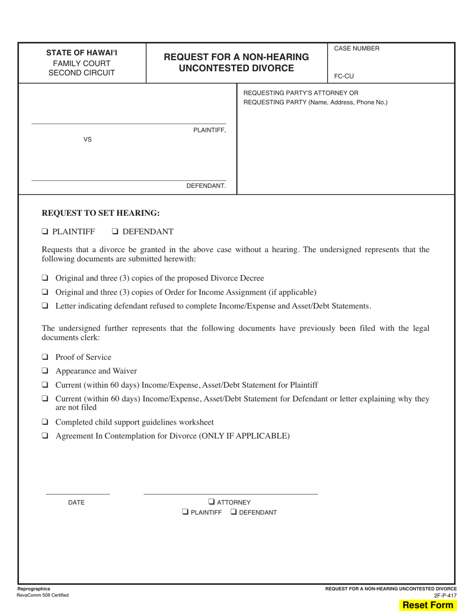 Form 2F-P-417 Request for a Non-hearing Uncontested Divorce - Hawaii, Page 1