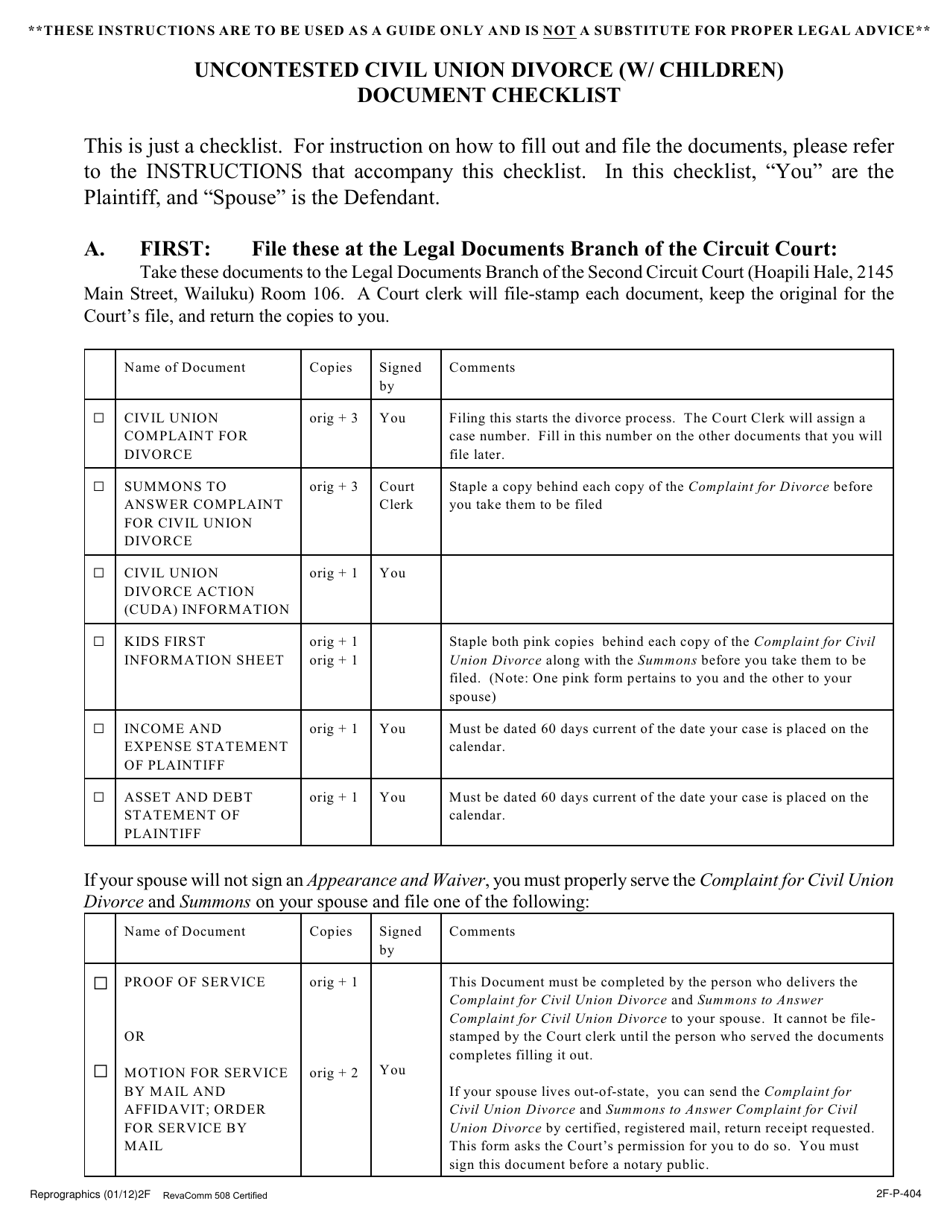 Form 2F-P-404 Uncontested Civil Union Divorce (W / Children) Document Checklist - Hawaii, Page 1