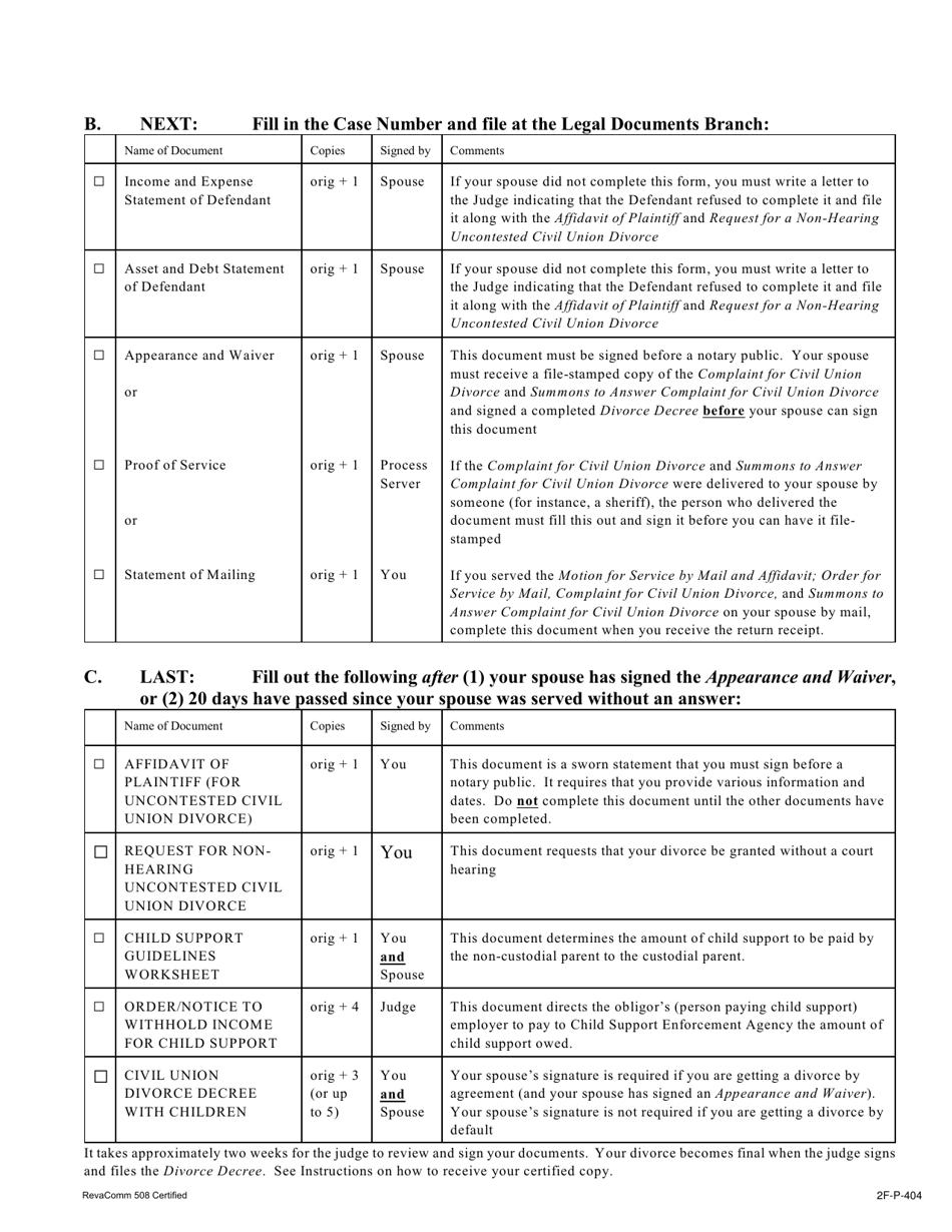Form 2F-P-404 Uncontested Civil Union Divorce (W / Children) Document Checklist - Hawaii, Page 2