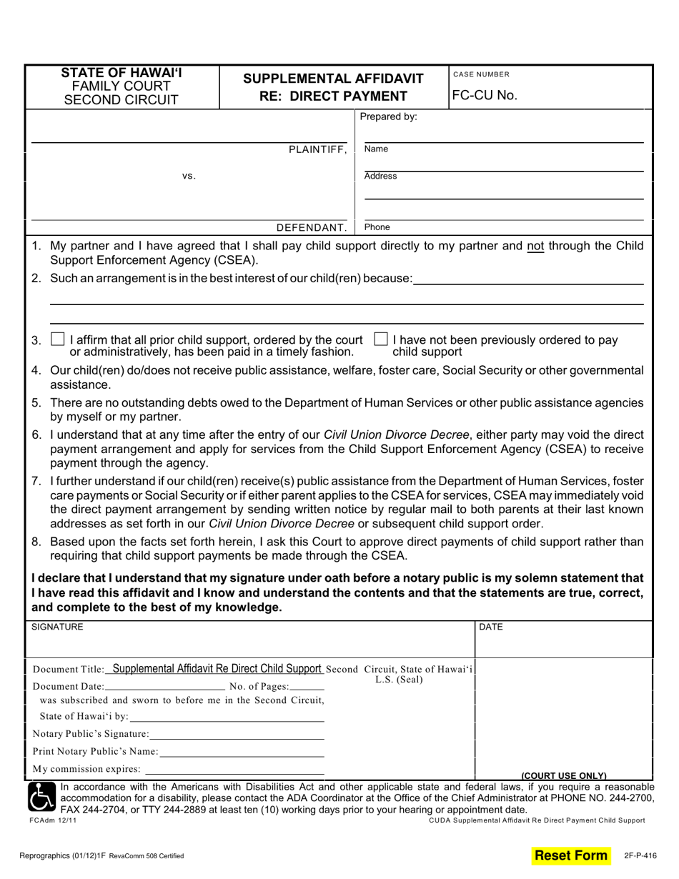 Form 2F-P-416 Supplemental Affidavit Re: Direct Payment - Hawaii, Page 1